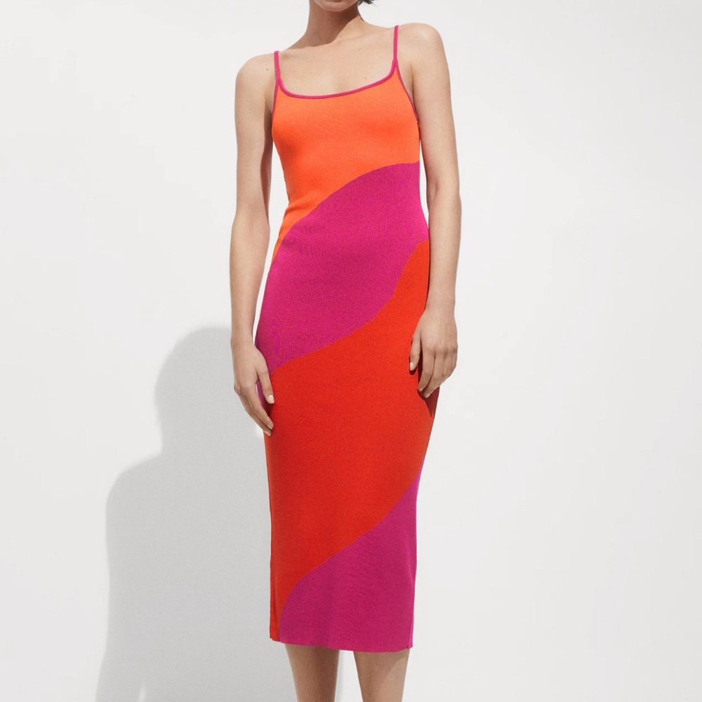 Mango Vibrant Orange and Pink Midi Bodycon Dress